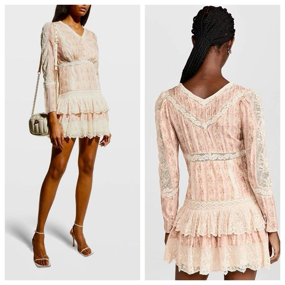 Love Shack Fancy LSF Pirelle Pink Floral Silk Lace Ruffle Mini Dress Size 6 - Picture 2 of 12